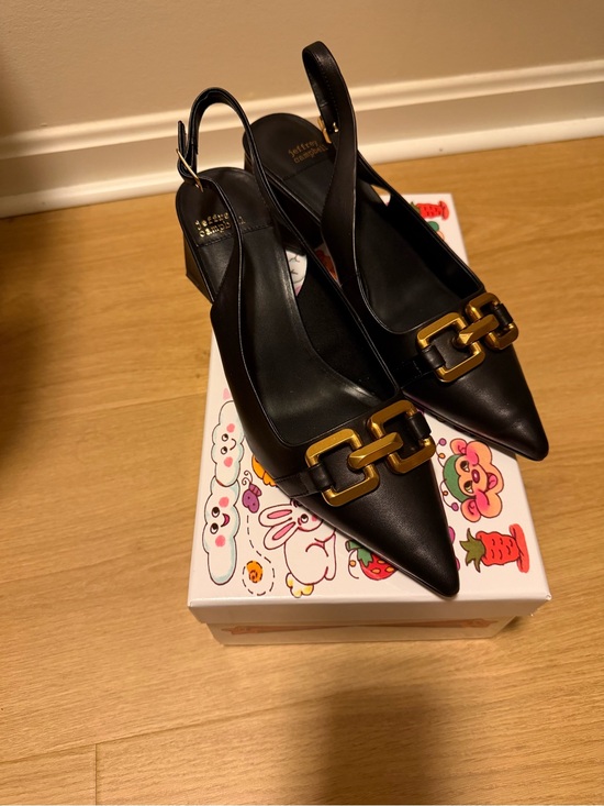 Jeffrey Campbell Shoes - Jeffrey Campbell Black Pointed Slingback Heels with Gold Chain Accent